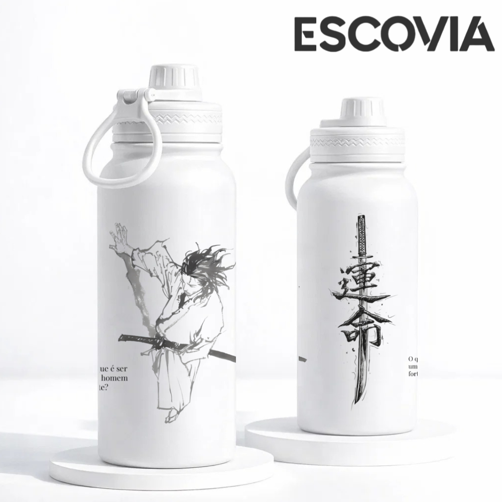 Garrafa Térmica Aço Inox Vagabond Miyamoto Musashi Katana DESTINO Anime Japonês com tampa e Alça 600ml