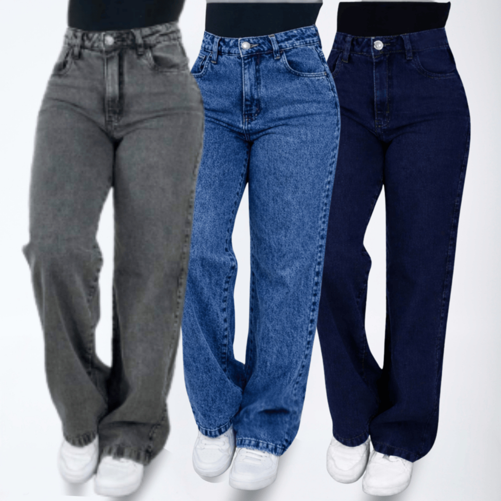 Kit 3 Calças Wide Leg Feminina Jeans 100% Marmorizada Cintura Alta Pantalona Premium em Oferta na Shopee