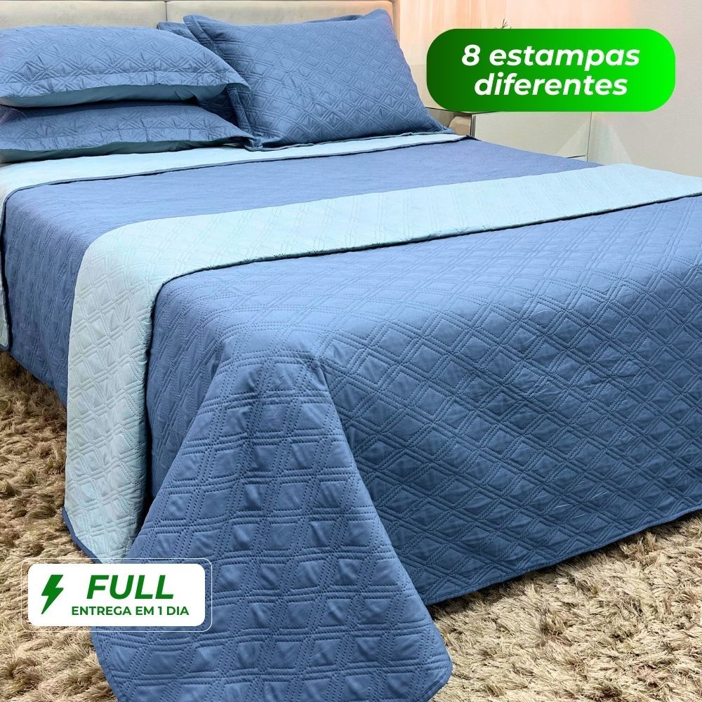 Kit Colcha Casal Padrão Cobre Leito 3 Peças Dupla Face Lisa Microfibra Matelado Ultrasonic Boutis