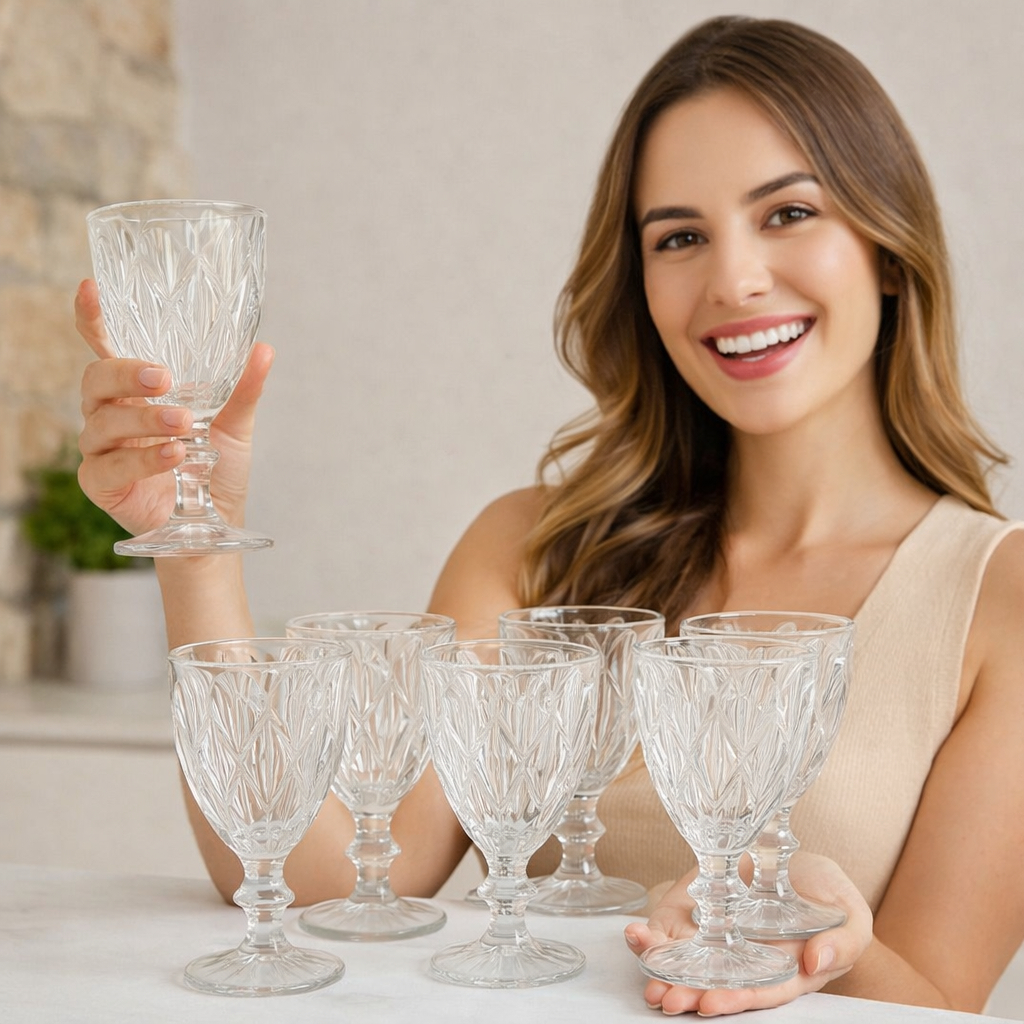 Jogo 6 Taças Vidro Diamond Bico Jaca Abacaxi Conjunto Taça Para Água Vinho Tinto Suco Diamante