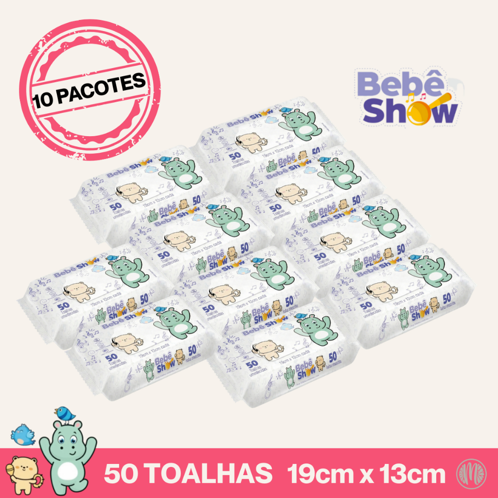 Kit 10 Pacotes Lenços Toalhas Umedecidas Higiene Bebê Show Pacote 50 Unidades em Oferta na Shopee