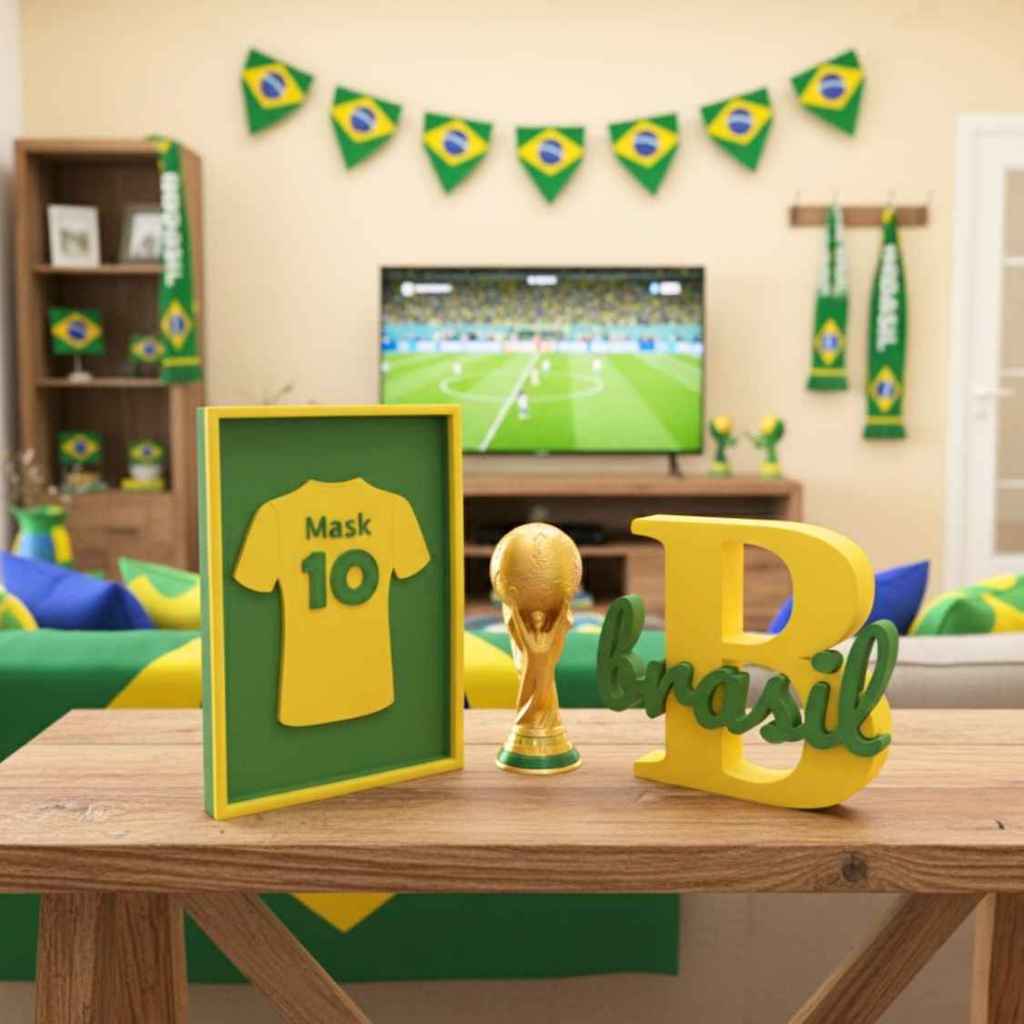 Kit Decorativo Brasil Copa Futebol – Quadro com Camisa 10, Letreiro Brasil e Troféu Copa do Mundo