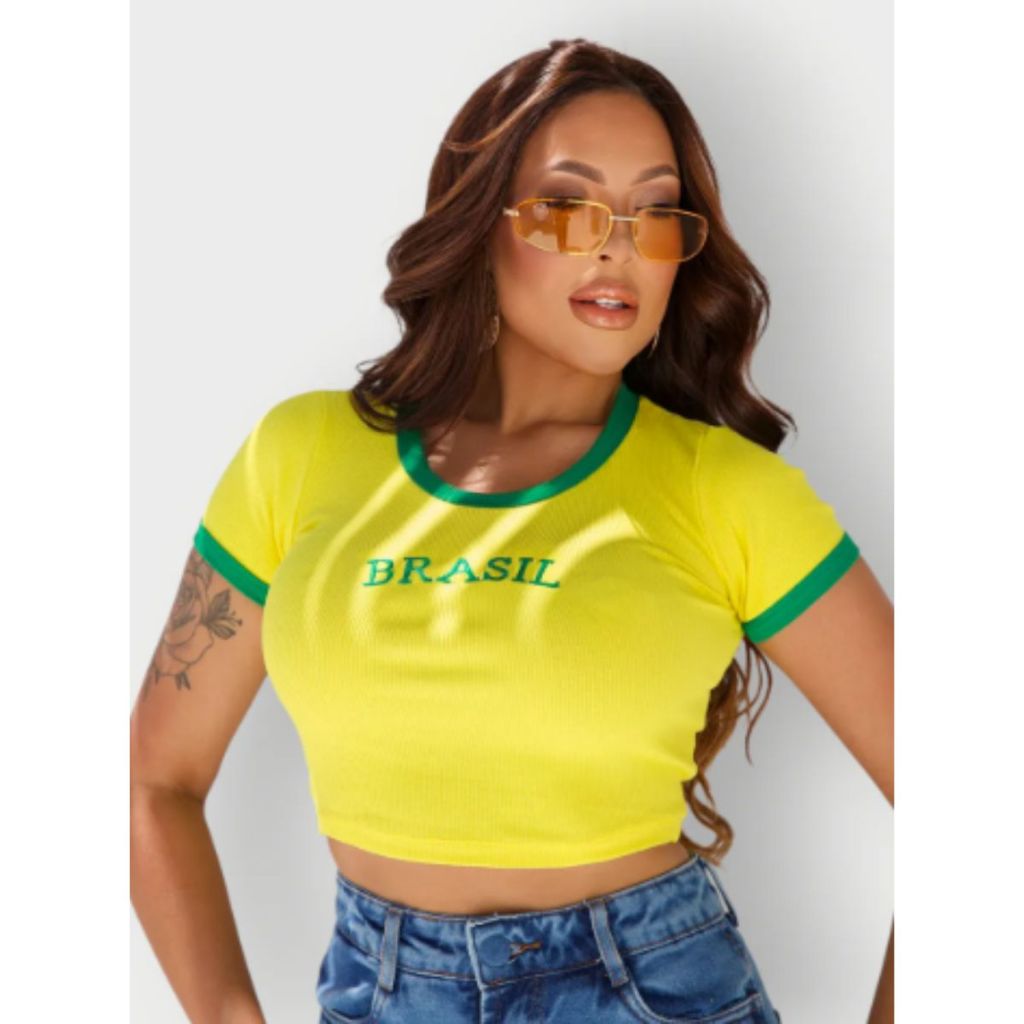 Camisa Brasil Feminina Baby Look Bordada Blusa Cropped Manga Curta Canelada