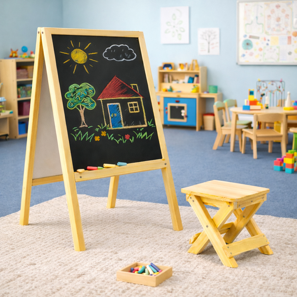 Kit Lousa Infantil com Banco – Quadro Negro Montessori 50cm Altura