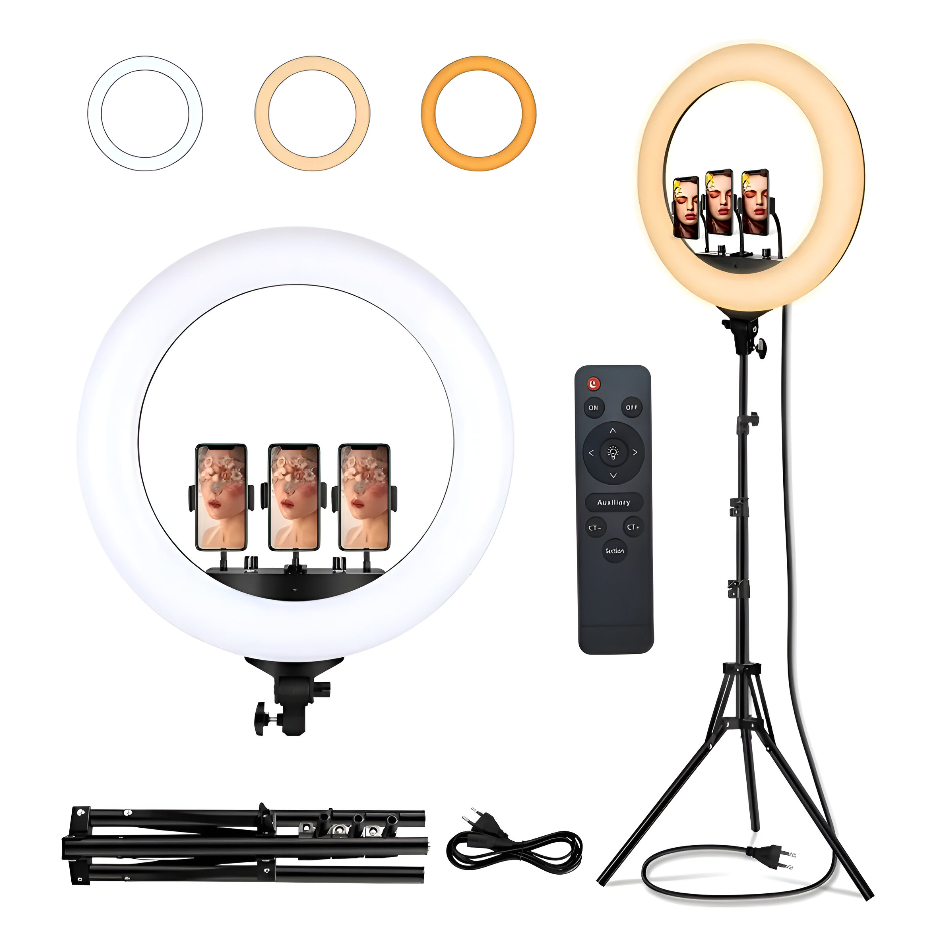 Ring Light 18 Polegadas Com Suporte 3 Celulares e Tripé 2 altura Fotos Videos Lives Escritório Casa