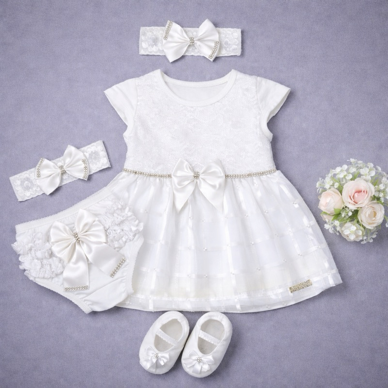 Vestido Para Bebê Com  Calcinha Bunda Rica, Sapatinho e Faixa de Cabeça 0 a 12 meses Kit 5 Peças Roupa Infantil Menina em Oferta na Shopee