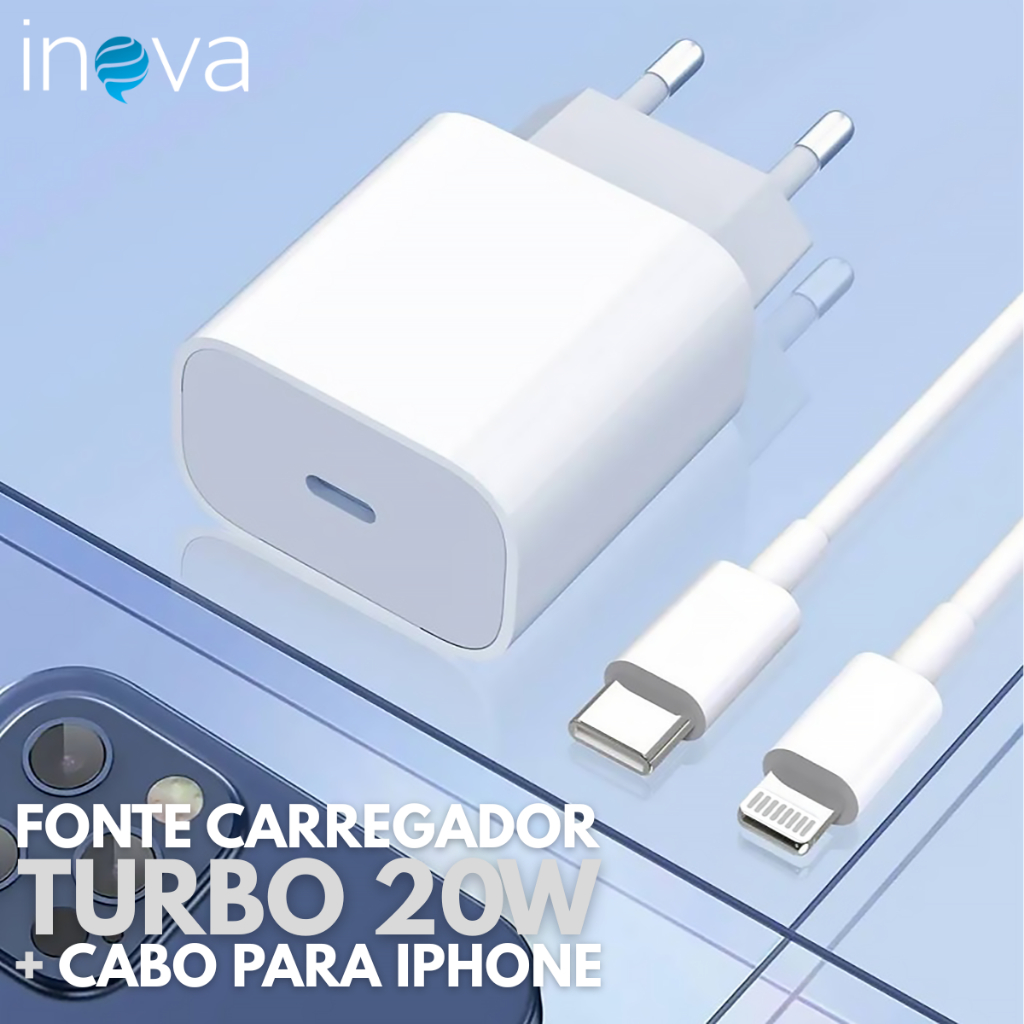Fonte Carregador Turbo 20W com cabo Tipo C para Lightning iPhone