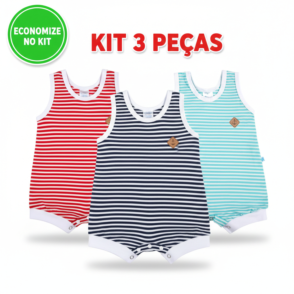 KIT 3 PEÇAS Banho de Sol Macacão Regata Romper Bebê e Primeiros Passos Leve Fresquinho Verão Náutico em Oferta na Shopee