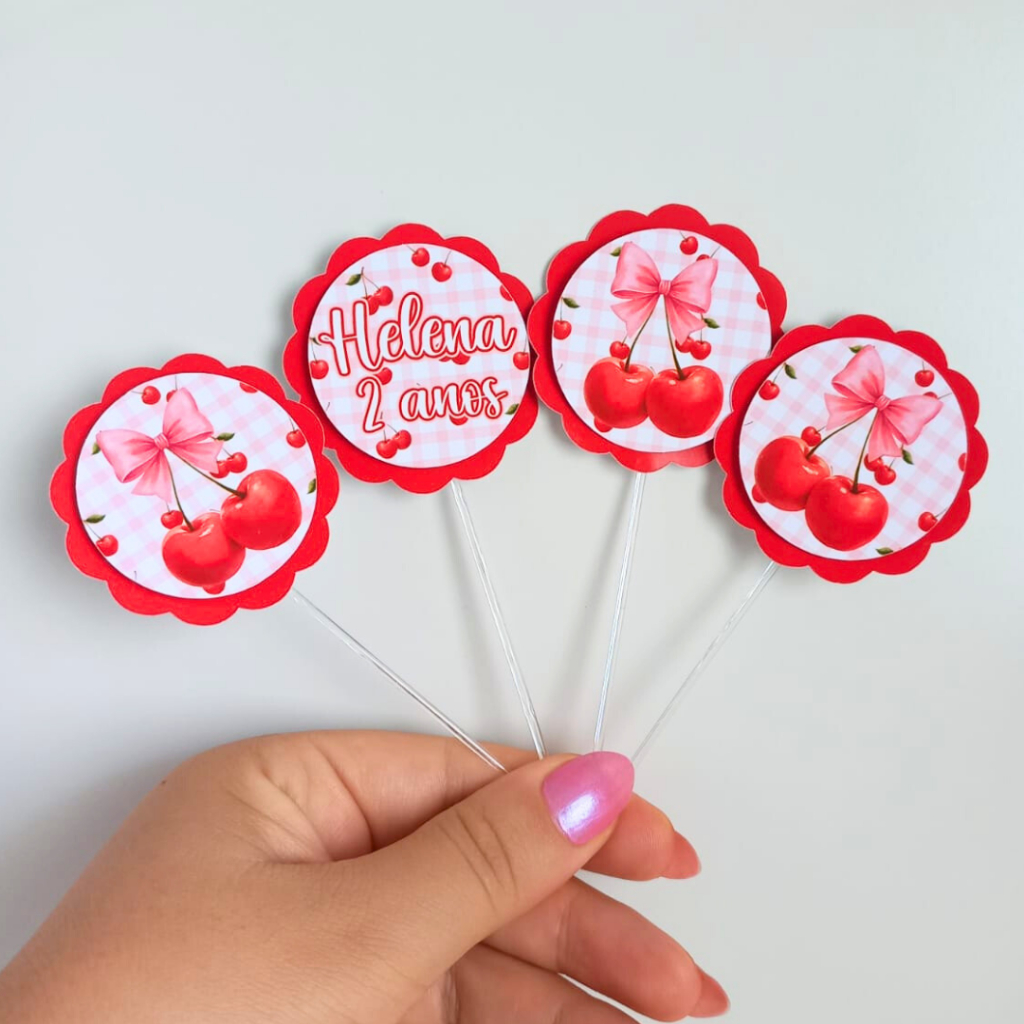 Topper de Doces ou Cupcake Cerejinha Cereja 3D Personalizados /Lembrancinha de Festa /Aniversário / Festa Infantil