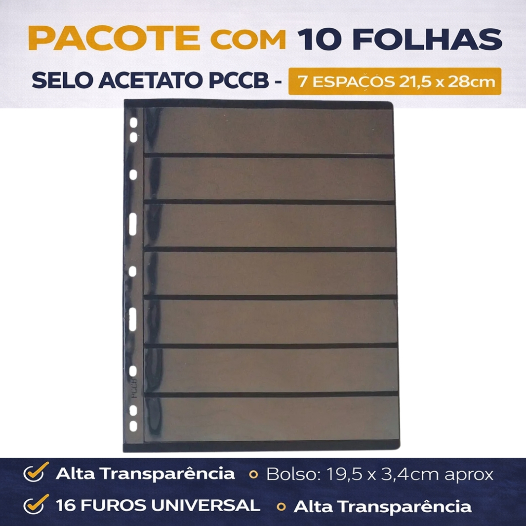10 Folhas Para Selos Selo Acetato Pccb 7 Divisões 21,5x28cm