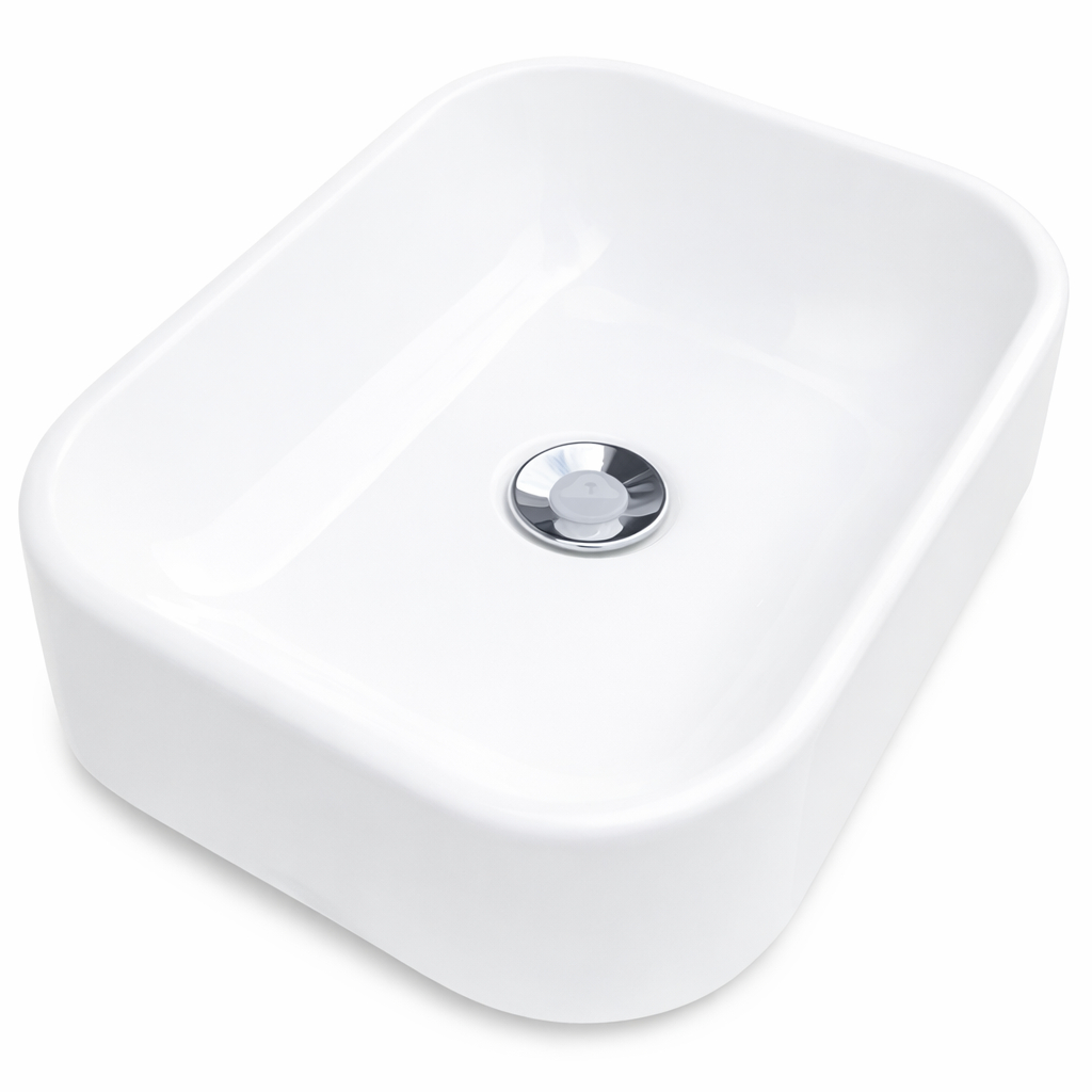 Cuba de Apoio Itália 36x27x9 Branca Mármore Sintético Com Valvula simples – Pia de Banheiro Retangular Moderna Luxo