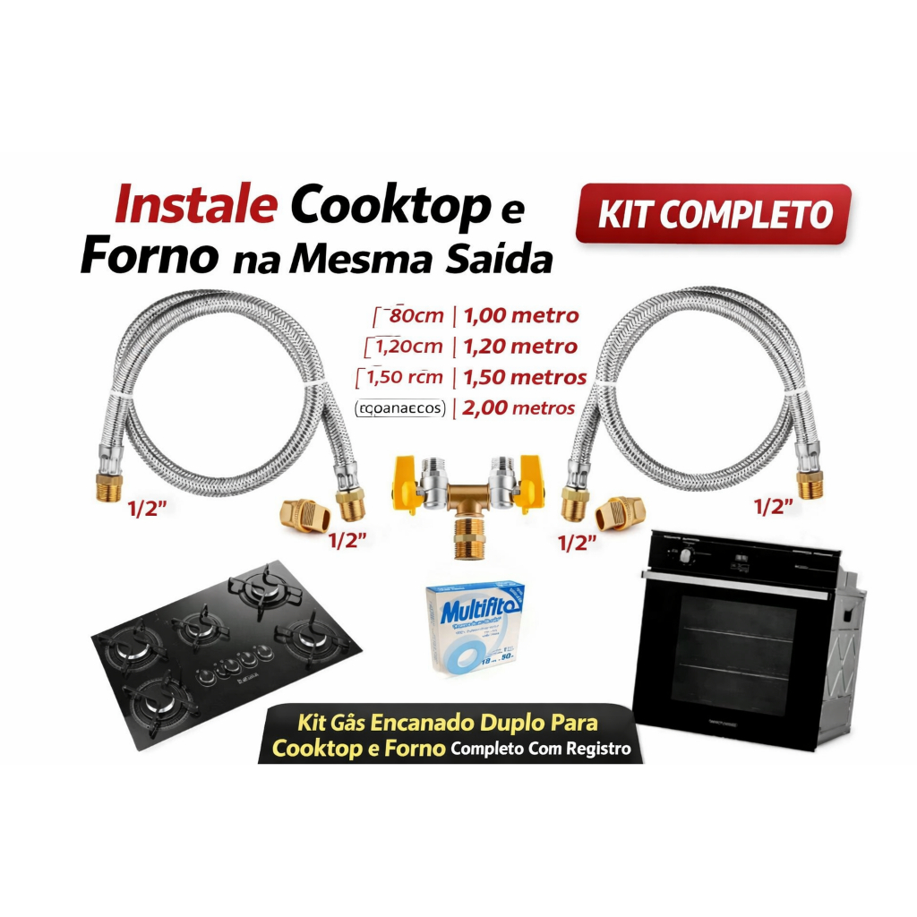 Kit Gás Encanado Duplo Para Cooktop e Forno Completo Com Registro