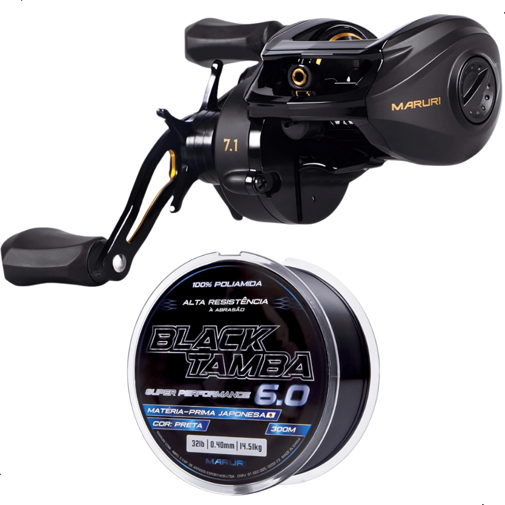 Kit Carretilha Maruri Black Tamba Pro 11 Rolamentos + Linha Mono Black Tamba 0,40mm 300m