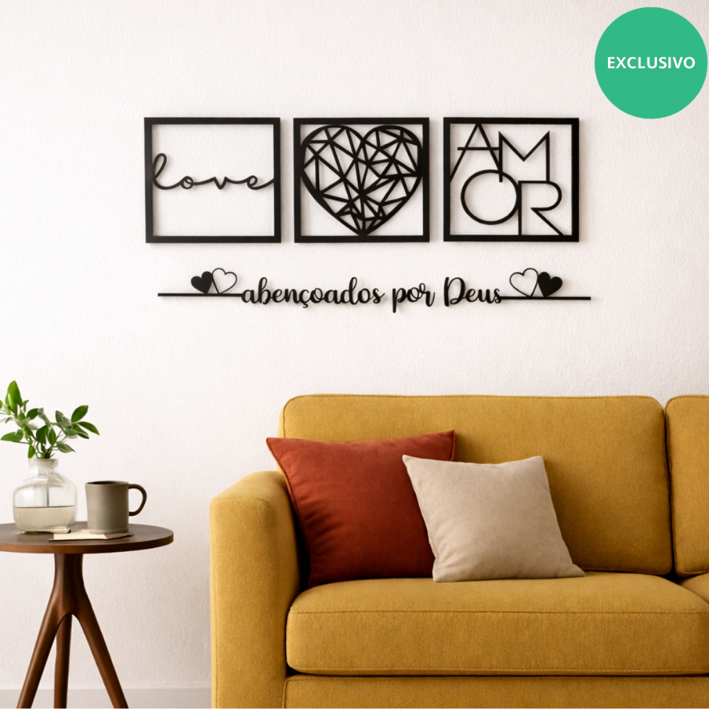 Kit 3 Quadros Cabeceira Amor Coração Geométrico + Frase Parede Abençoados Por Deus + 2 mini coração