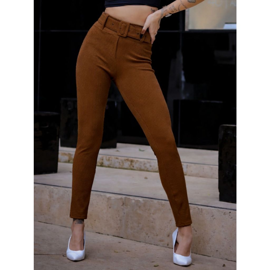 Calça Modeladora Canelada Premium 3D Canelado Feminino com Sinto Blogueira em Oferta na Shopee