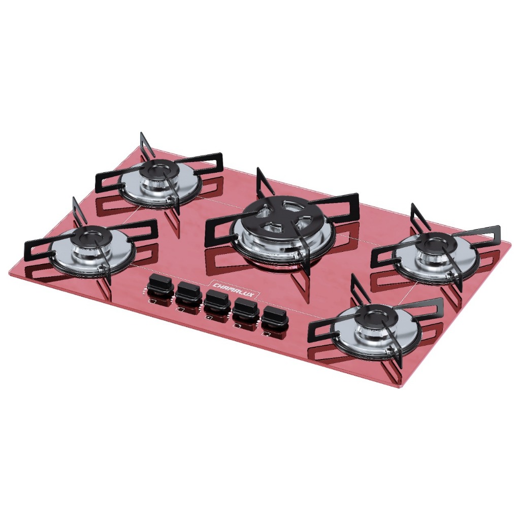 FOGÃO COOKTOP CHAMLUX 5 BOCAS TRIPLA CHAMA BIVOLT TEMPRE DE CHAPA COR ROSA