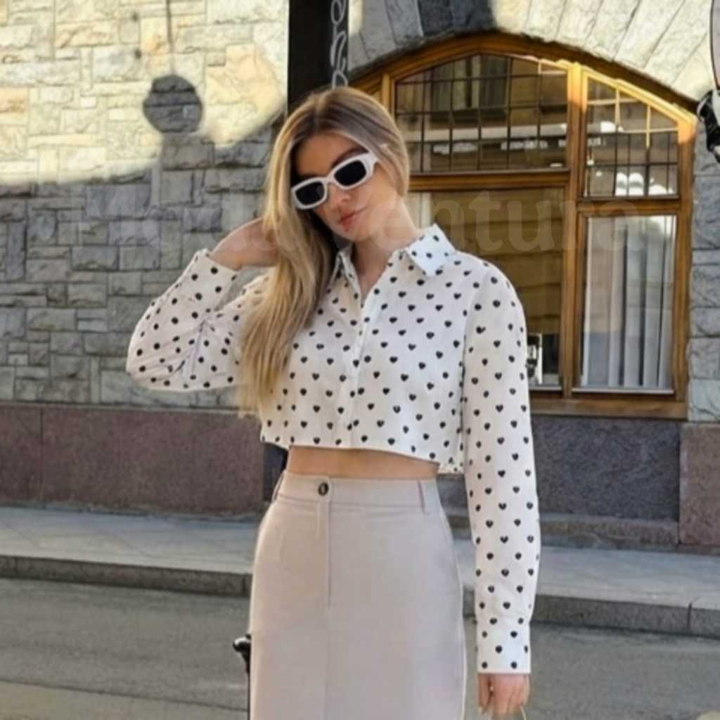 Blusa Feminina Camisa Social Cropped Feminina Manga Longa Coração em Oferta na Shopee