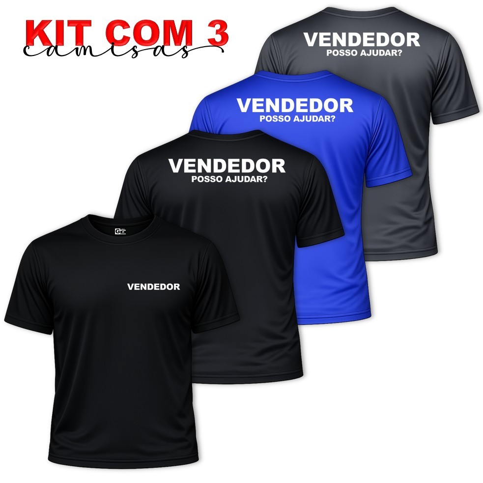 Kit 3 Camisas Camiseta Uniforme VENDEDOR Vendas Loja Time Masculina ou Feminina Dry Fit Profissão