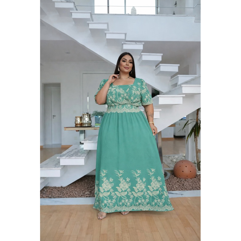vestido longo  gola quadrada tamanhos grandes plus size disponível até G5 em Oferta na Shopee