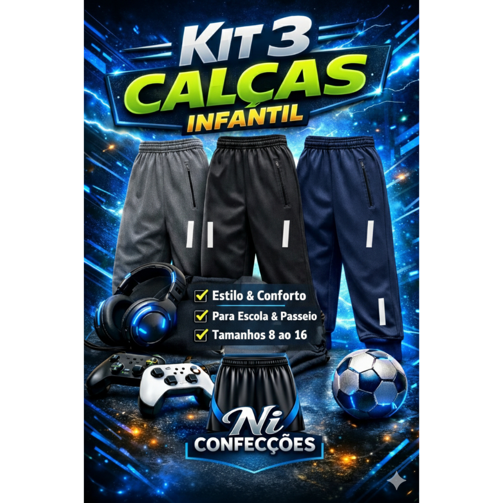 Kit 3 Calças Infantil Masculina Esportiva Confortável Calça Chipa Escolar Costura Forte Passeio do  2 ao 16
