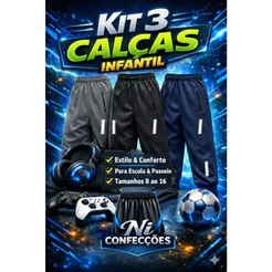 Kit 3 Calças Infantil Masculina Esportiva Confortável Calça Chipa Escolar Costura Forte Passeio do 2 ao 16