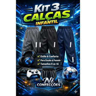 Kit 3 Calças Infantil Masculina Esportiva Confortável Calça Chipa Escolar Costura Forte P…