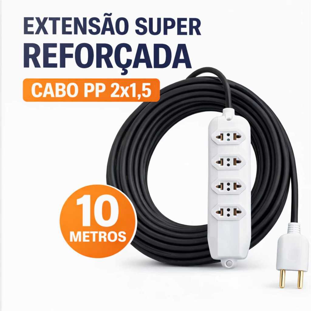 Extensão Elétrica Reforçada - PLUG fino e Grosso Cabo PP 2x1,5 | 3m 5m 10m 20m | 4 Tomadas | Bivolt 110/220