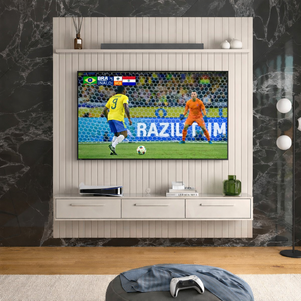 Rack Lukaliam Móveis C/ Painel Frisado Para Tv Até 75 Polegadas 1,91m Oslo C/ Nicho Bali Mdf