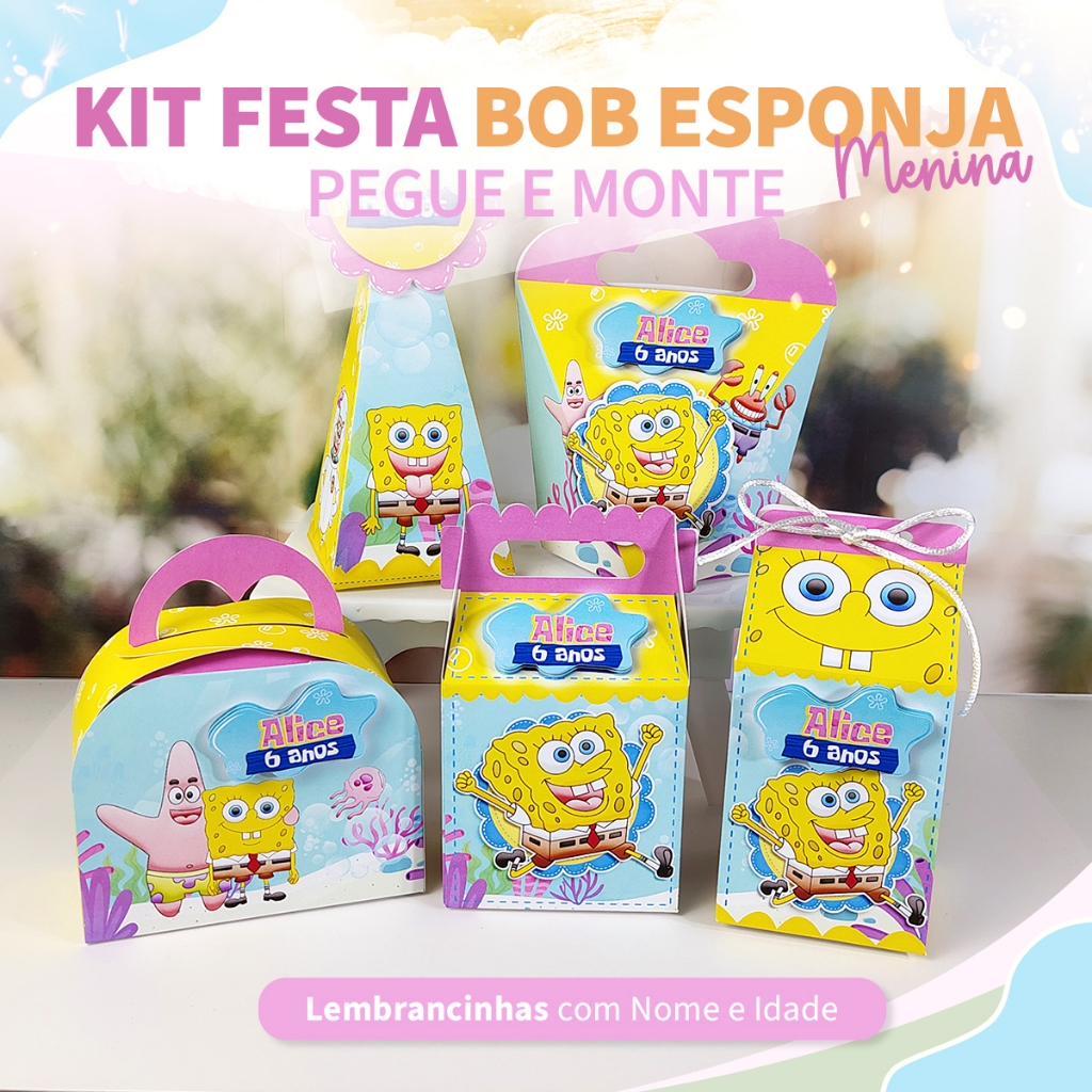 Kit Festa Bob Esponja - Menina -  Personalizado - Com aplique 3D | Caixinhas Lembrancinhas | Pegue e Monte