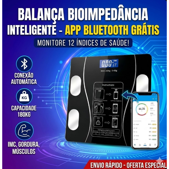 Balança Corporal Bioimpedância Inteligente Digital Aplicativo para Análise Corporal Medição de Gordura Peso Até 180kg