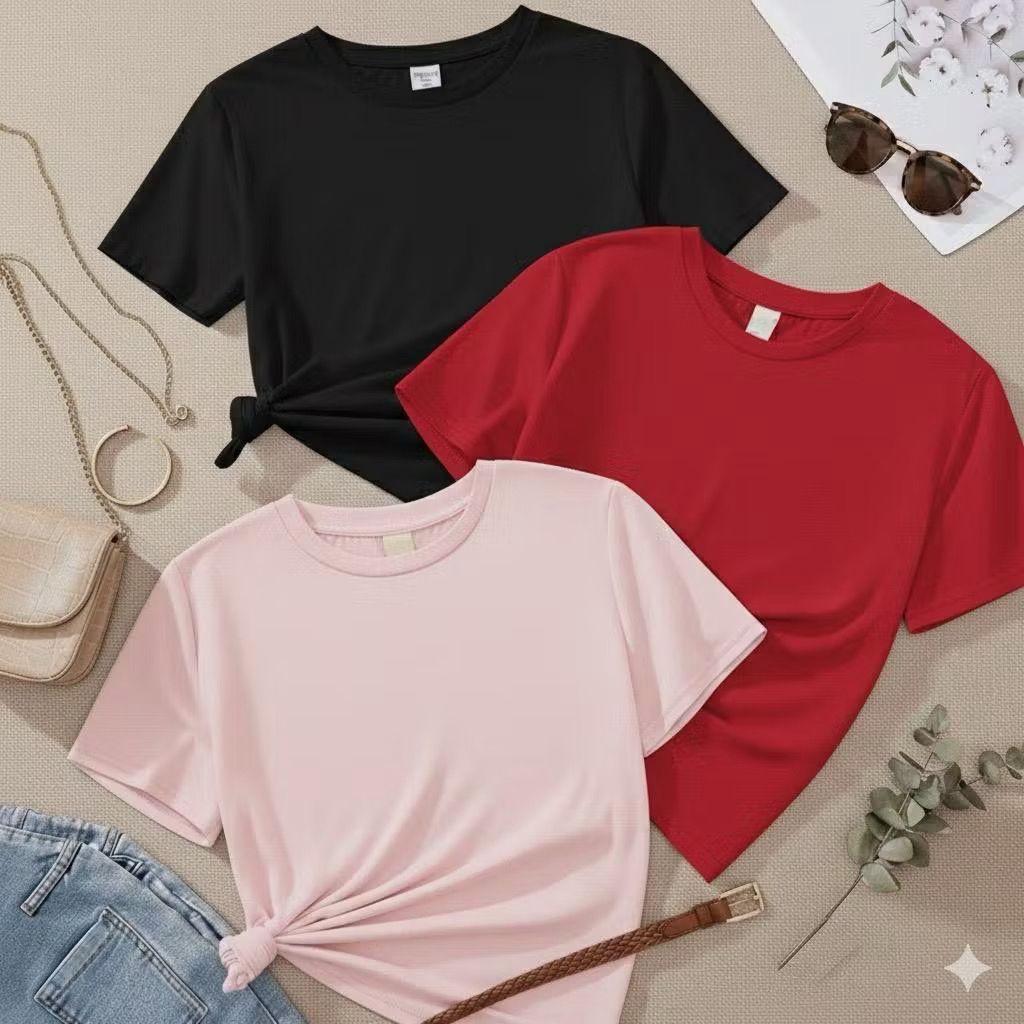 Kit 3 T-shirt Feminina Básica 100% Algodão Camisetas Diversas Cores Alta Qualidade