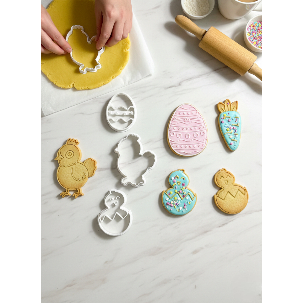 Kit Cortadores de Biscoito Páscoa -  Conjunto Cenoura, Pintinho, Ovo Decorado (5 formas)