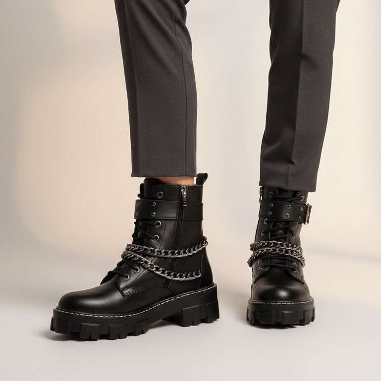 Bota Coturno Feminina Tratorada Rock Blogueira Cano Médio Fivela Corrente Zíper Lateral Plataforma
