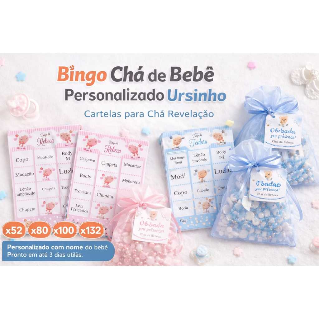 Bingo Chá de Bebê Personalizado | Cartelas para Chá Revelação | 50 ou 100 Unidades