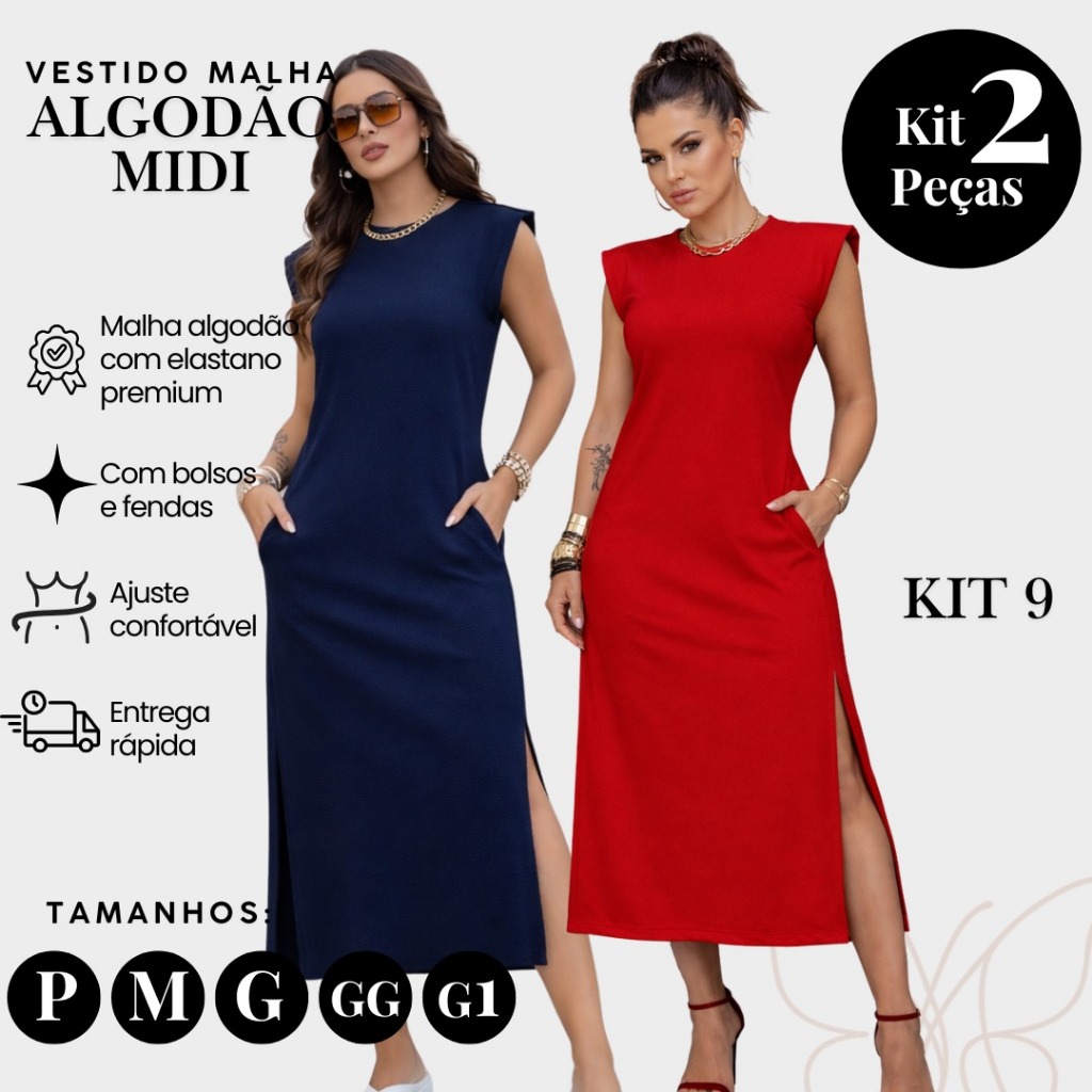 Kit com 2 Vestidos Midi Feminino Algodão Premium com Elastano Manga Muscle Tee
