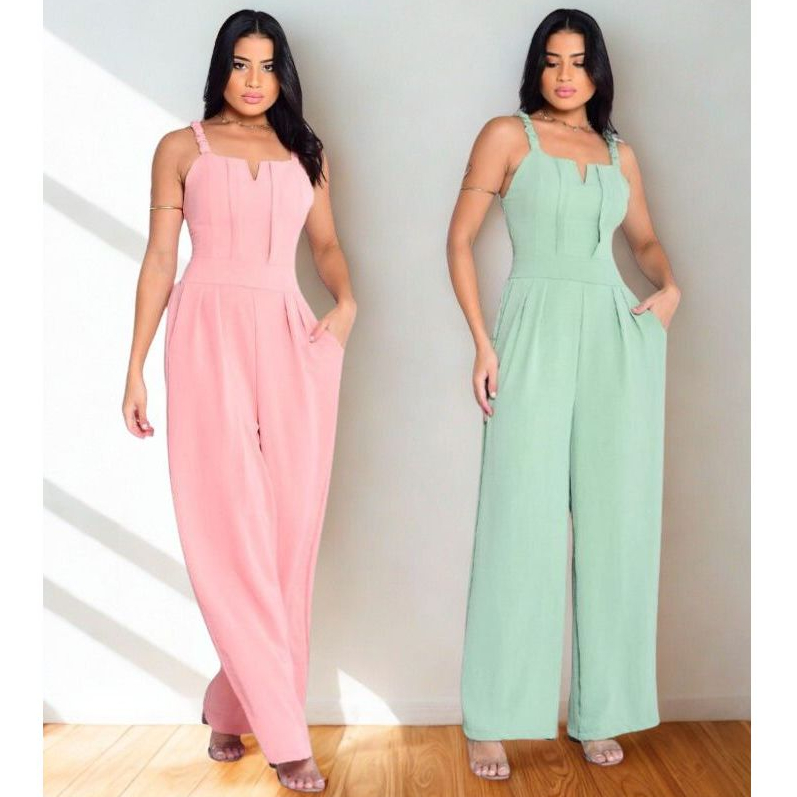 Macacão Longo Feminino Pantalona detalhe (V) na Frente com Bolsos lateral és em Oferta na Shopee