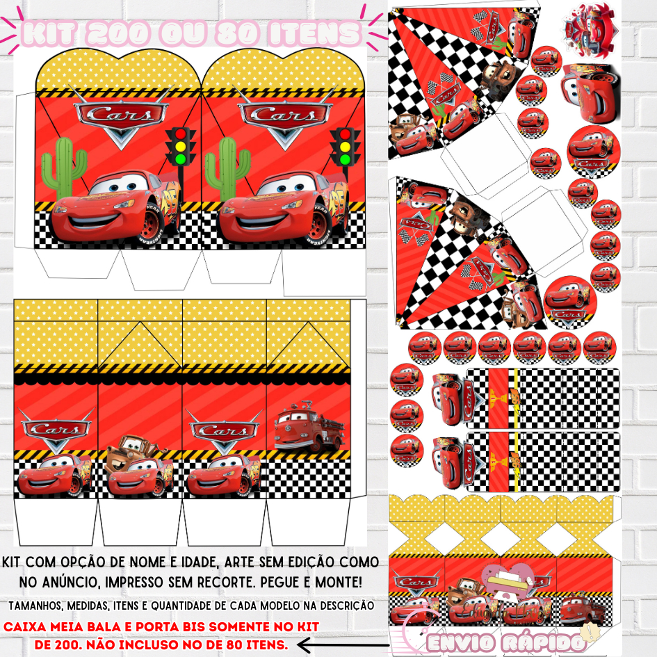KIT LEMBRANCINHAS PARA FESTA (200/80) (CAIXAS, APLIQUES E TAGS)(COM/SEM NOME) TEMA:CARROS/RELAMPÂGO em Oferta na Shopee