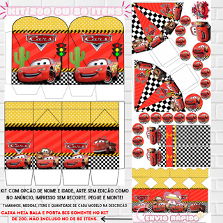 KIT LEMBRANCINHAS PARA FESTA (200/80) (CAIXAS, APLIQUES E TAGS)(COM/SEM NOME) TEMA:CARROS/RELAMPÂGO em Oferta na Shopee