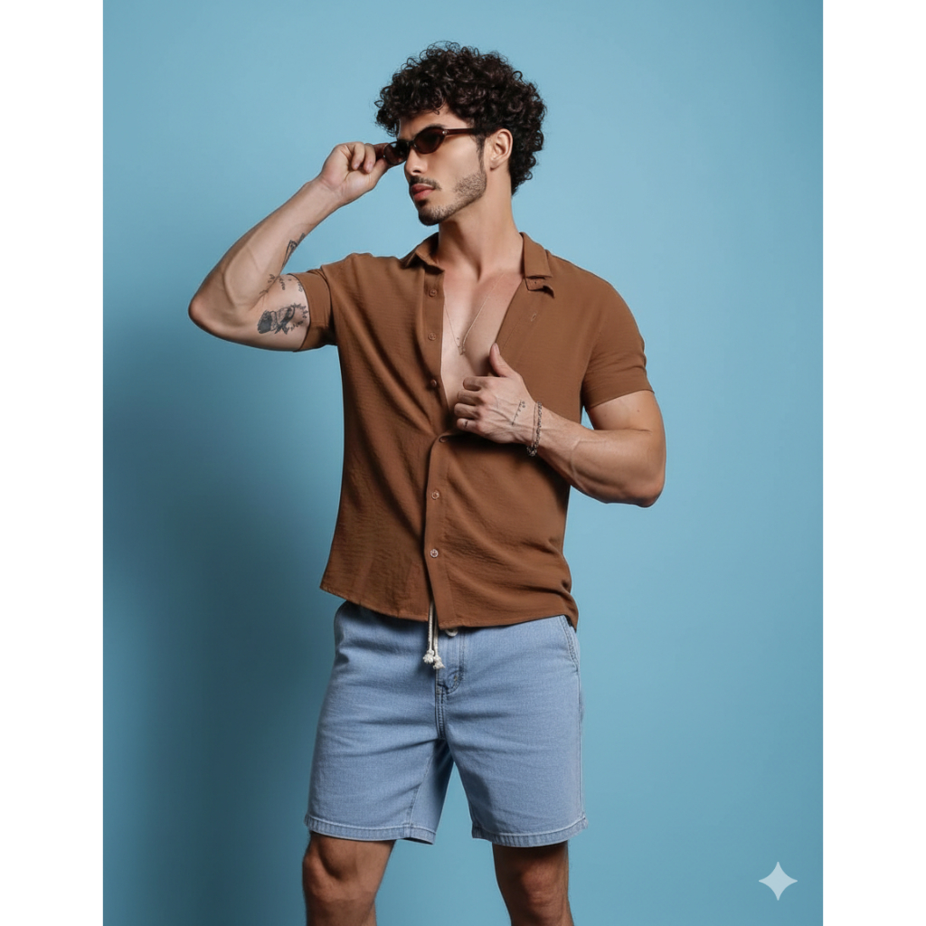 amisa Masculina Duna Slim Fit Luxo Manga Curta Verão Social