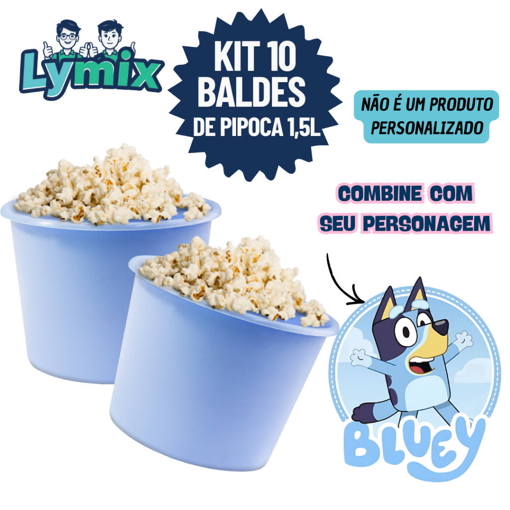 KIT 10 BALDES DE PIPOCA 1,5L PP PARA PERSONALIZAR E ADESIVAR FESTA/ BLUEY - VARIOS TEMAS