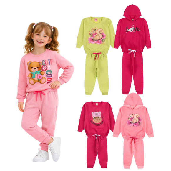 Kit Sortido 4 Ou 6 Peças Infantil Moletom Inverno Menina/Feminino Inverno Casaco/Blusa + Calças