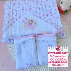 Kit Toalha de Banho de Bebê Fralda Soft 3 camadas com capuz + 2 panos de boca soft