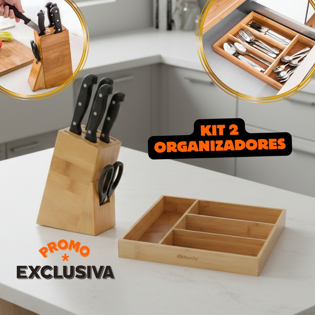 Kit Porta Facas Bancada e Organizador de Gaveta Talheres Bambu