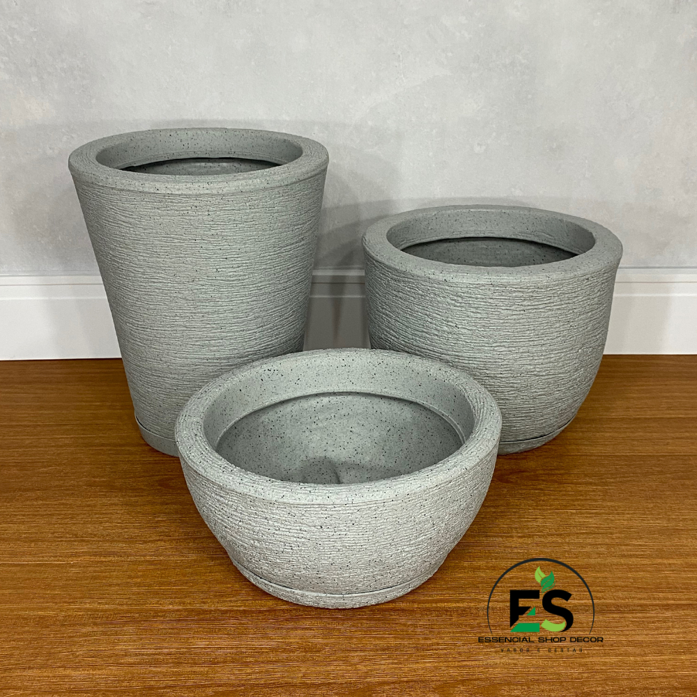 Kit 3 Vasos De Polietileno Com Pratinhos Coletores Coluna + Bojo + Bacia Para Plantas Decorativo Area Interna e Externa em Oferta na Shopee