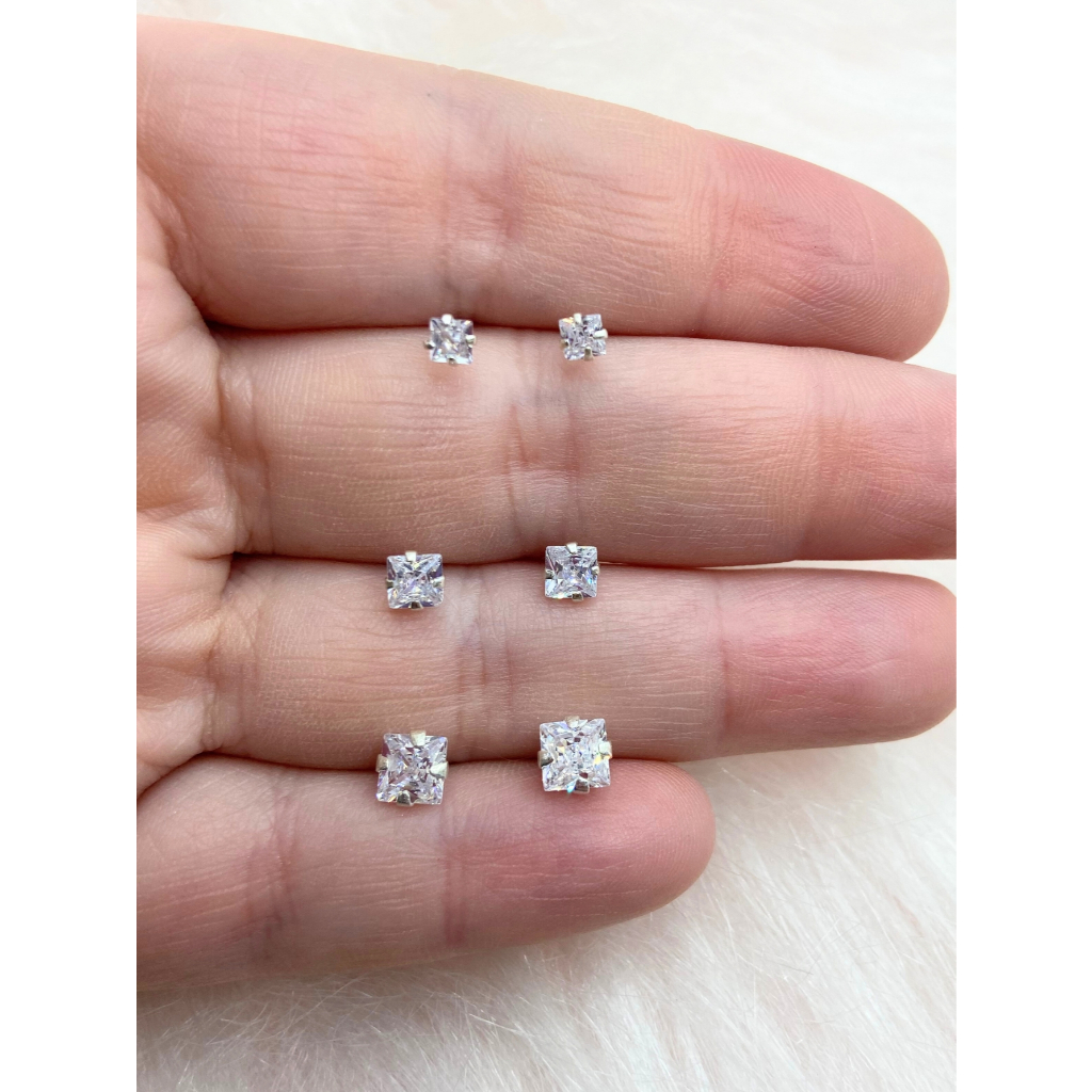 Trio de Brincos Quadrado Zirconia Prata 925 3mm/4mm/5mm em Oferta na Shopee