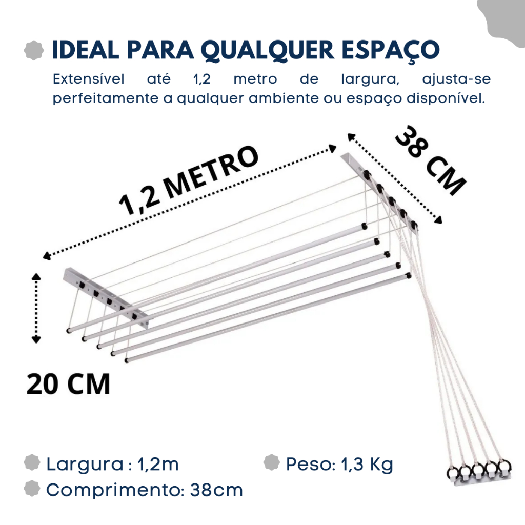 Varal de Teto Ou Parede 120cm Retrátil Em Aço Reforçado 5 Varetas Apartamento Maxeb Envio Imediato — imagem 2 de 2