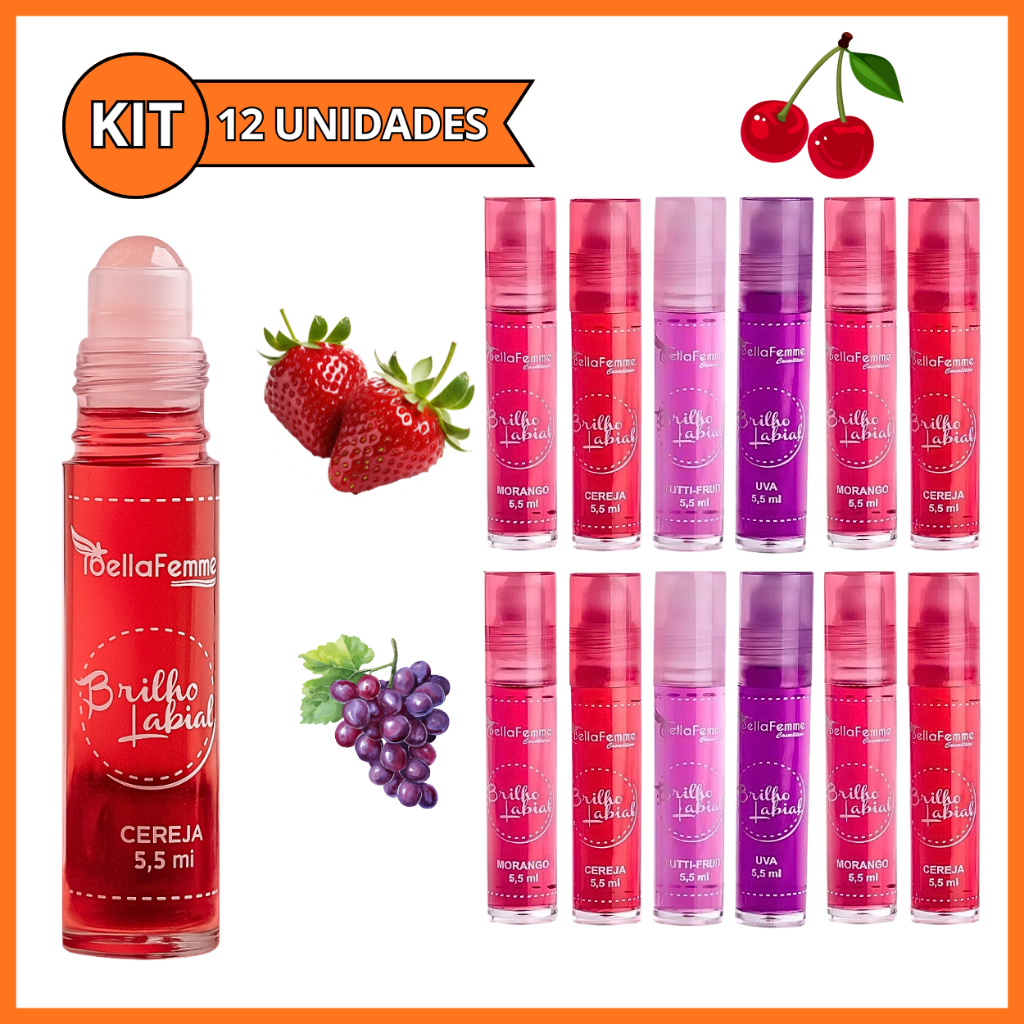 Kit 12 Gloss Brilho Labial Frutas Roll on Hidratante Lembrancinha Bella Femme