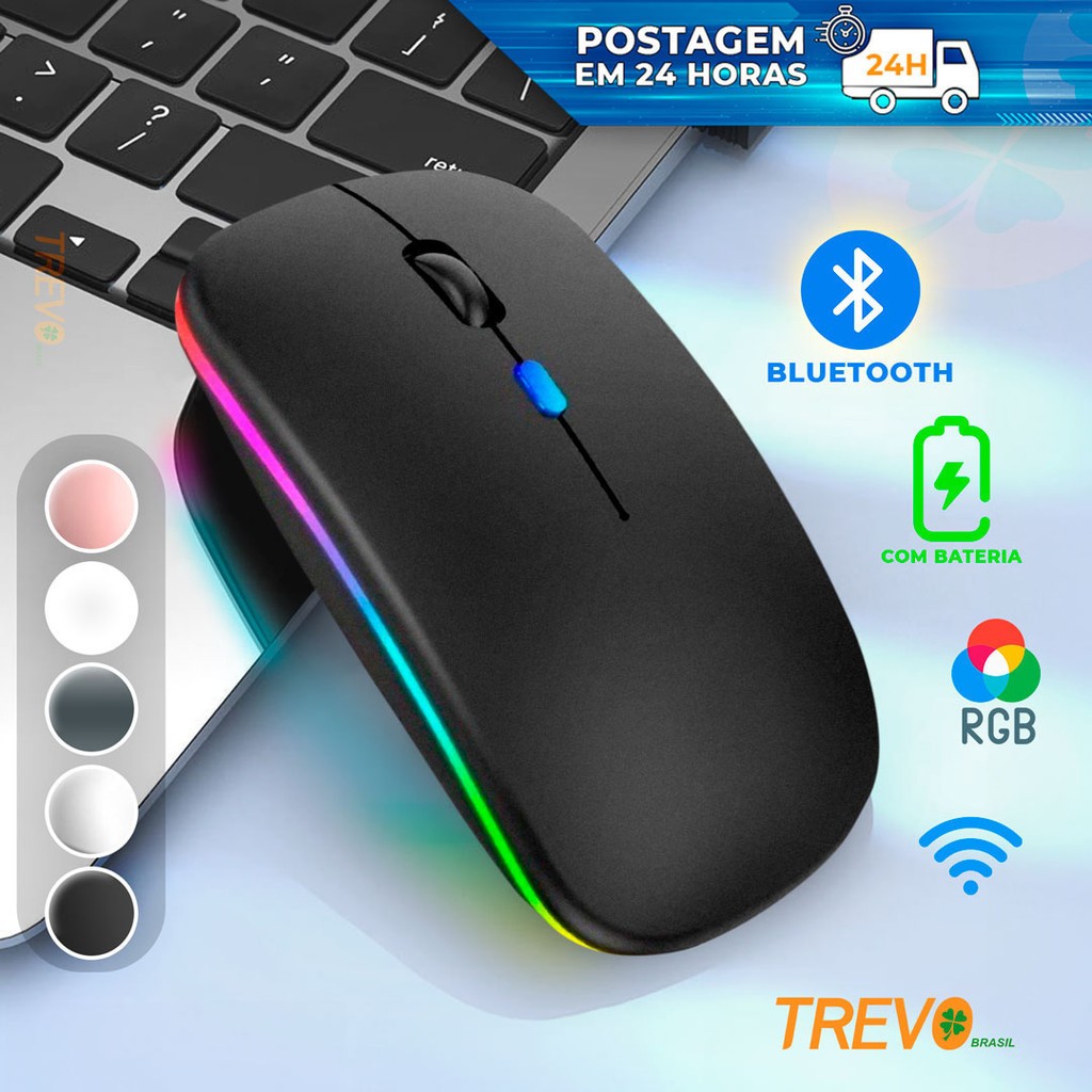 Mouse Sem Fio Bluetooth + 2.4G USB Recarregável 1600 DPI LED Silencioso Para Notebook PC