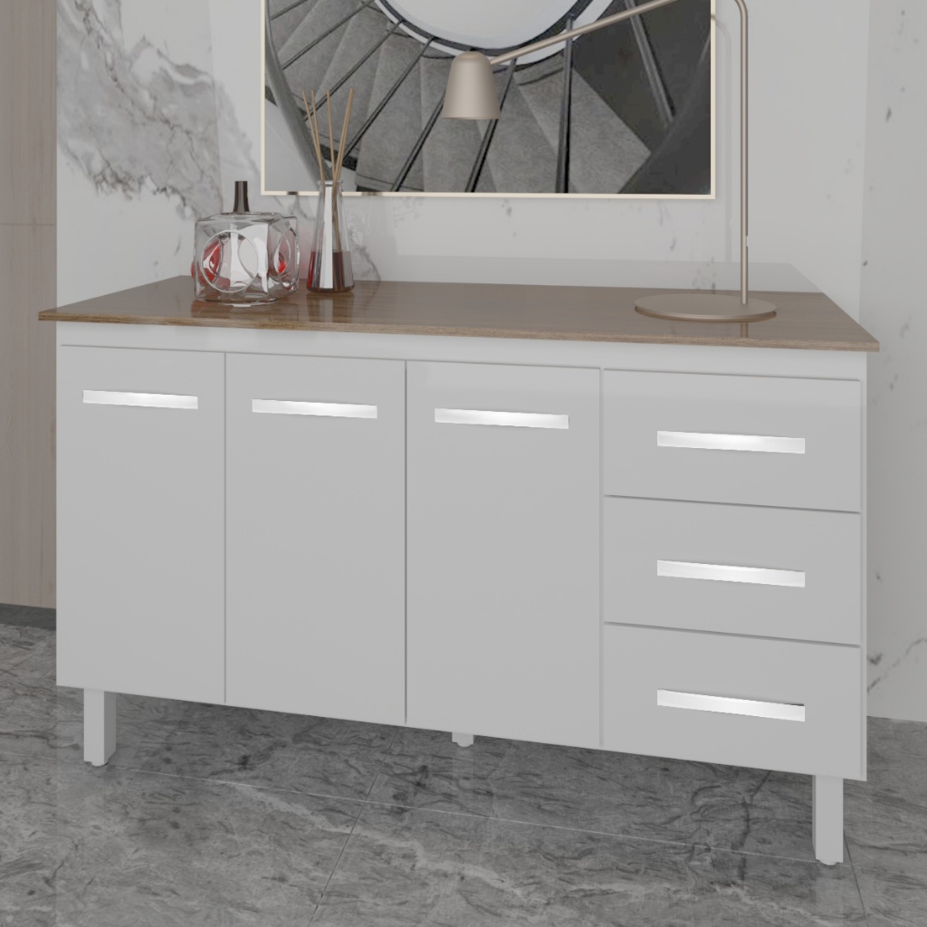 Armário Deise Cozinha Gabinete de Pia 150 cm Branco e Tampo Tampão 150 cm Mobília Decor Savana