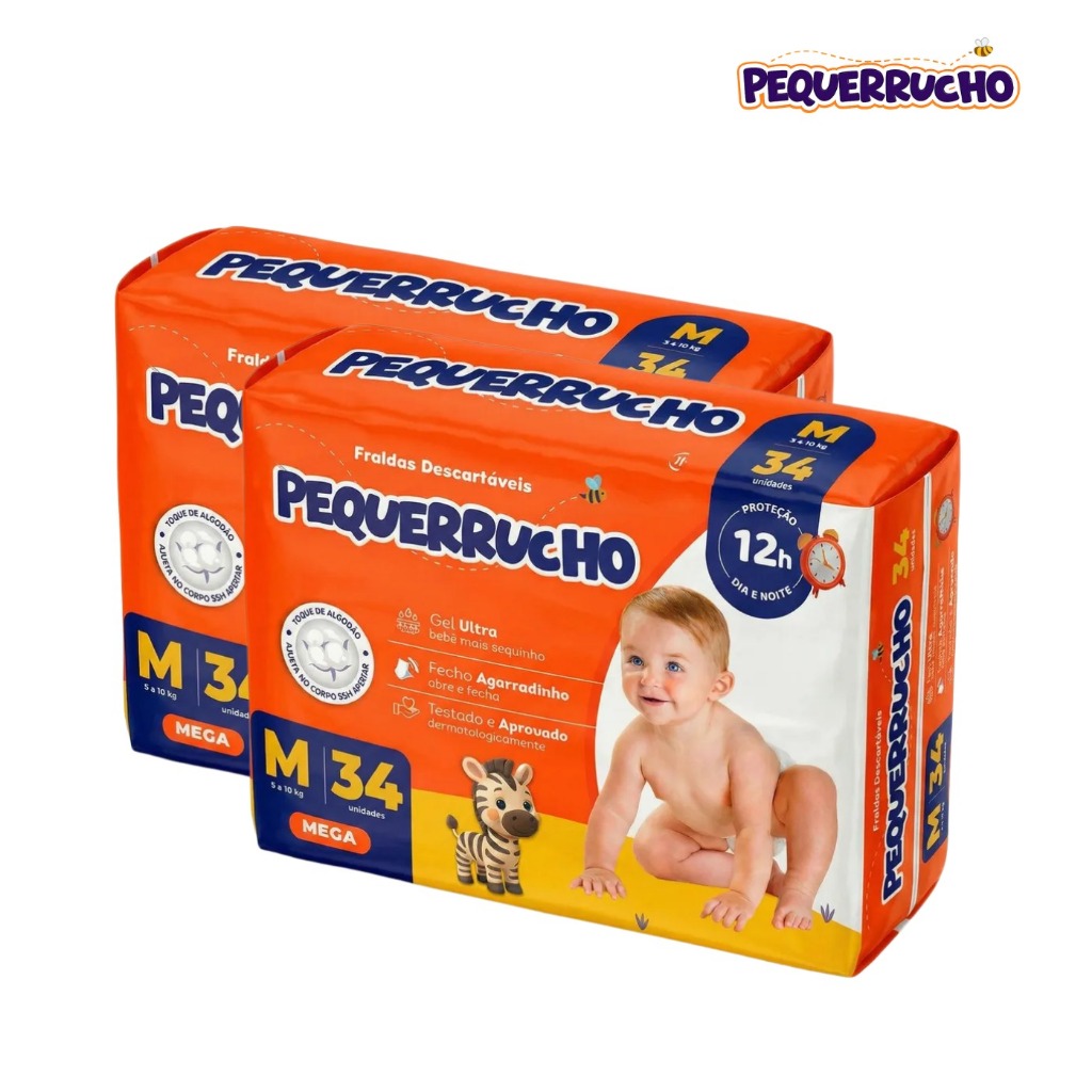2 Pacotes Fralda Descartável Pequerrucho M | 68 Unidades + Conforto Superior | Kit Econômico